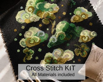 Lucky Shamrock Clouds Cross Stitch Kit, St. Patrick's Day Embroidery, Beginner Needlework