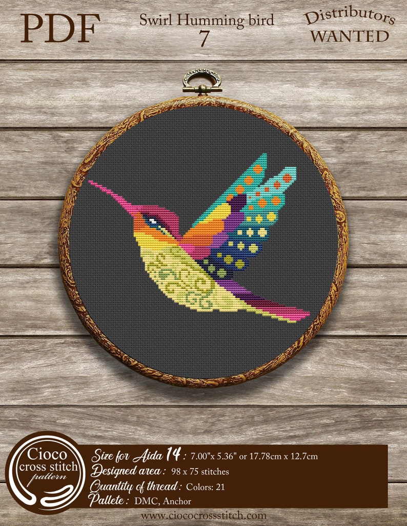 Colorful geometric humming bird by Ciococrossstitch Colorful swirl humming bird cross stitch