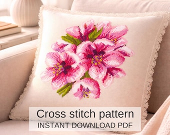花柄クロスステッチ枕カバーパターン – 居心地の良いコテージ風刺繍ホームデコレーション（PDFダウンロード）