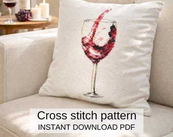ワイングラスのクロスステッチパターン（PDF）、枕の装飾、モダンなワイン刺繍デザイン