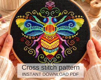 Modèle de point de croix reine des abeilles, couture insecte art folklorique coloré (PDF)