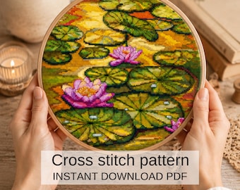 Korsstygnsmönster med näckrosdamm, broderidesign med rosa lotus (PDF-nedladdning)