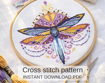 Lila Libelle Kreuzstich Muster PDF Bunt Insekt Stickdatei Instant Download Design