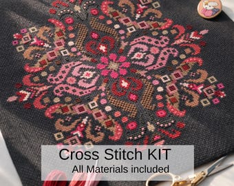 Pink Folk Ornament Counted Cross Stitch KIT, Folk Embroidery Set, Traditional Floral Chart