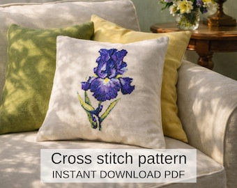 紫色のアイリスのクロスステッチパターン、花柄の枕刺繍デザイン（PDFダウンロード）