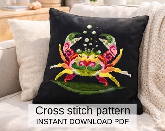 カニのクロスステッチパターン（PDF）、枕の装飾、海の生き物の刺繍デザイン