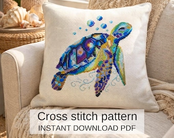 ウミガメのクロスステッチパターン（PDF）、枕の装飾、動物と海の刺繍デザイン