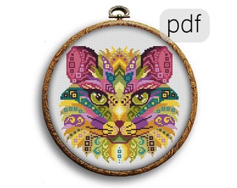 Colorful cat Animal Cross Stitch Pattern PDF