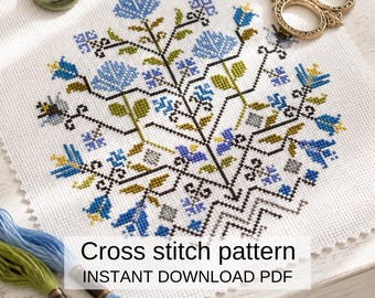 青い花柄のサンプラーパターンPDF、植物図案、刺繍デザイン、左右対称の花模様