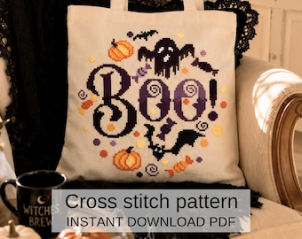 ハロウィンの「ブー」クロスステッチパターン、不気味な幽霊とカボチャのトートバッグ刺繍（PDFダウンロード）