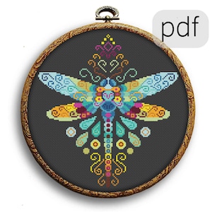 Swirl Dragonfly Insect Counted Cross Stitch Pattern