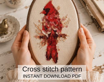 赤いカーディナルのクロスステッチパターンPDF、小鳥の刺繍デザイン、ミニマルな鳴き鳥の自然図案