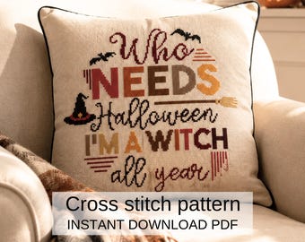 ハロウィンの魔女の引用句クロスステッチパターン（PDFダウンロード）、不気味な枕の刺繍