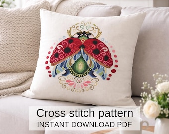 てんとう虫のクッションのクロスステッチ図案（PDF）、風変わりな昆虫クッションのデザイン、フォークスタイルの刺繍パターン