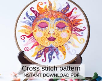Whimsical Sun Pattern PDF, Celestial Face Embroidery Design, Boho Folk Needlework, Colorful Spiritual Decor