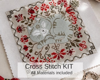 Sleeping Cat Floral Garden Cross Stitch Kit, Vintage Nature Embroidery Design