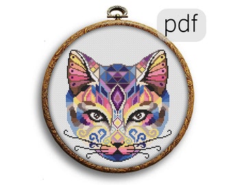 Colorful SWIRL CAT Cross Stitch Pattern PDF