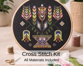 Folk Tree of Life Cross Stitch Kit, Moldavian Symbolic Floral Embroidery Kit