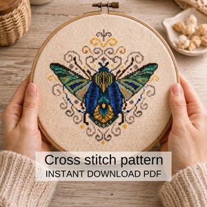 Blue Jewel Beetle Cross Stitch Pattern, Victorian Insect Embroidery Design (PDF Download)