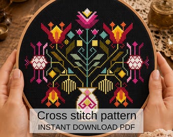 ブルーミングフォークガーデンクロスステッチパターンPDF花柄フォーク刺繍図案