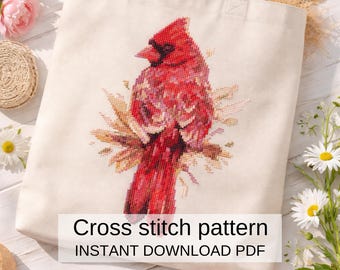 赤いカーディナルのクロスステッチパターンPDF、鳥のトートバッグ刺繍デザイン、自然モチーフのニードルポイント