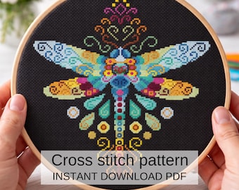 Swirl Libellen Kreuzstichmuster PDF, bunte Libelle Stickdatei, moderne Insektenstickerei