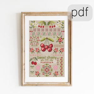 Sweet cherry cross stitch pattern PDF. Modern Counted cross stitch Fruits Sampler
