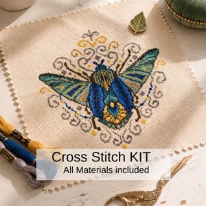 Blue Jewel Beetle Cross Stitch Kit, Victorian Nature Insect Art, All Materials Included