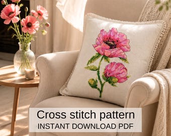ピンクのポピーのクロスステッチパターン（PDF）、花柄の枕の刺繍デザイン