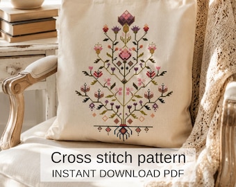 花柄の木のクロスステッチパターン、フォーク刺繍トートバッグデザイン（PDFダウンロード）