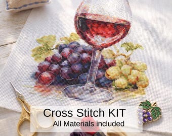 Vineyard Wine Glass Cross Stitch Kit, Grapes Embroidery, Beginner Craft (All Materials Included)