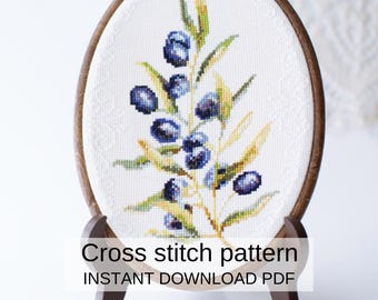 Olive Sprig Cross Stitch Pattern PDF Botanical Branch Mediterranean Embroidery Chart