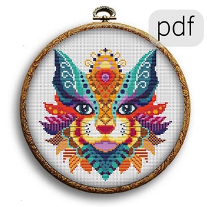 Colorful TURQUOISE CAT Cross Stitch Pattern PDF