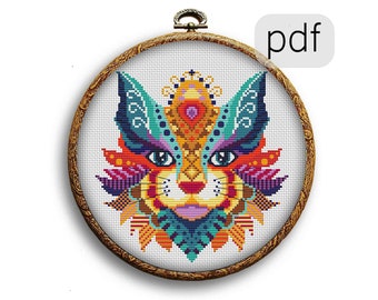 Colorful TURQUOISE CAT Cross Stitch Pattern PDF