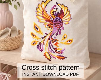 フェニックストートバッグの型紙PDF、初心者向けの火の鳥のデザイン、ファンタジーバードの刺繍図案