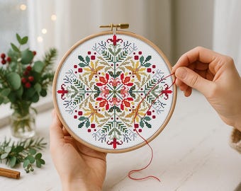 クロスステッチパターン クリスマスマンダラ PDF – お祝いのホリデーオーナメントデザイン | モダンな花柄の冬の刺繍