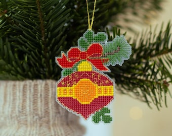 クリスマスオーナメントのクロスステッチパターン - 赤いホリデーデコレーション - 簡単なプラスチックキャンバスPDF