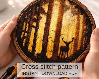 Deer in Forest Cross Stitch Pattern, Woodland Landscape Embroidery (PDF Download)