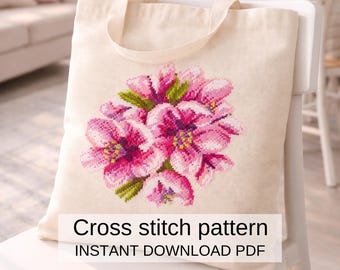 クロスステッチパターンPDF – 花柄トートバッグデザイン – フェミニンな刺繍パターン – 即時ダウンロード