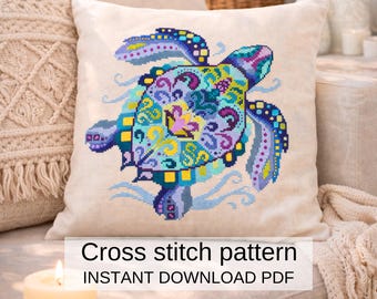 幾何学模様のウミガメのクロスステッチパターン（PDF）、カメの枕の刺繍デザイン