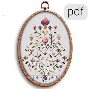 Flowery tree cross stitch pattern PDF. Modern Couted cross stitch