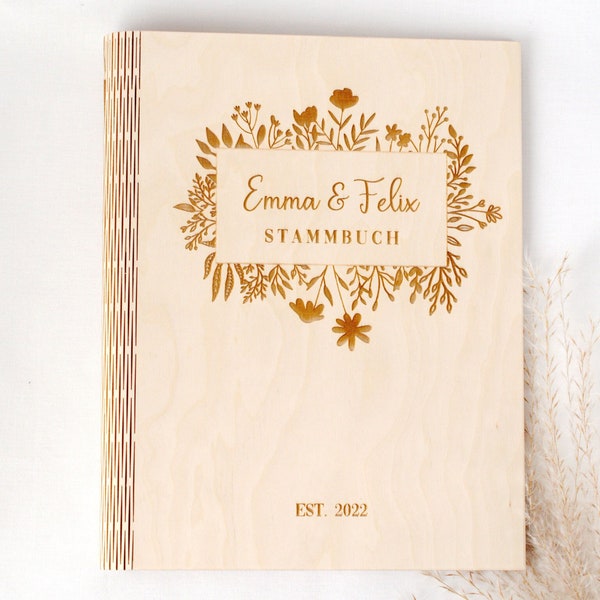 Stammbuch aus Holz personalisiert mit Namen, DIN A5 A4, Familienbuch Freie Trauung Familienstammbuch, Geschenk zur Hochzeit | Blätterkranz