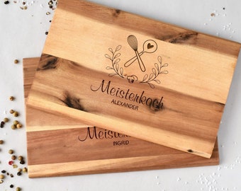 Schneidebrett aus Holz personalisiert mit Namen, Meisterkoch Köchin, Frühstücksbrettchen mit Gravur, Brotzeitbrett, Geschenk Geburtstag