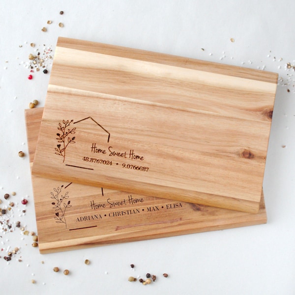 Personalized cutting board breakfast board, gift idea for the inauguration of a new house, snack board with name coordinates, wooden board