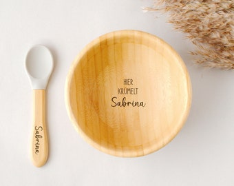 Wooden children's crockery, baby bowl, children's cutlery, baby plate, baby, baptism, bamboo bowl suction cup, birth gift, baptism gift