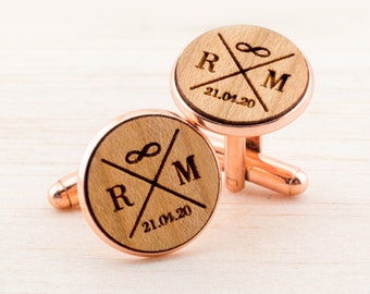 Boutons de manchette en bois personnalisés avec initiales et date, cadeau individuel pour homme, cadeau de Noël, cadeau de mariage