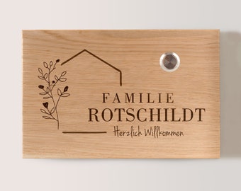 Klingelschild Eiche Namensschild Holz mit & ohne Taster | personalisiertes Familienschild Eingang Hauswand Haustür | edel Klingel Familie