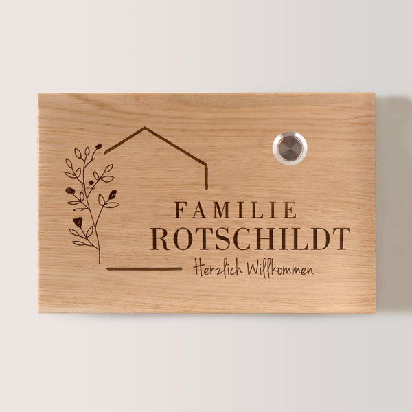 Klingelschild Eiche Namensschild Holz mit & ohne Taster | personalisiertes Familienschild Eingang Hauswand Haustür | edel Klingel Familie