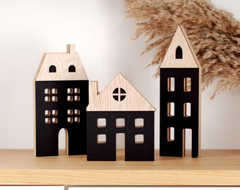 Black decorative houses set of 3 made of wood, personalized decorative housewarming gift, wooden houses to stand up, gift idea, elegant wooden decoration