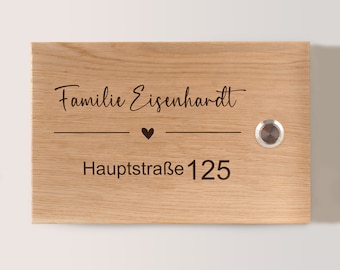 Türschild Holz Klingelschild mit Gravur personalisiert | Klingelplatte Schild Haustür | Namensschild mit Klingelknopf massiv Eiche | Eingang